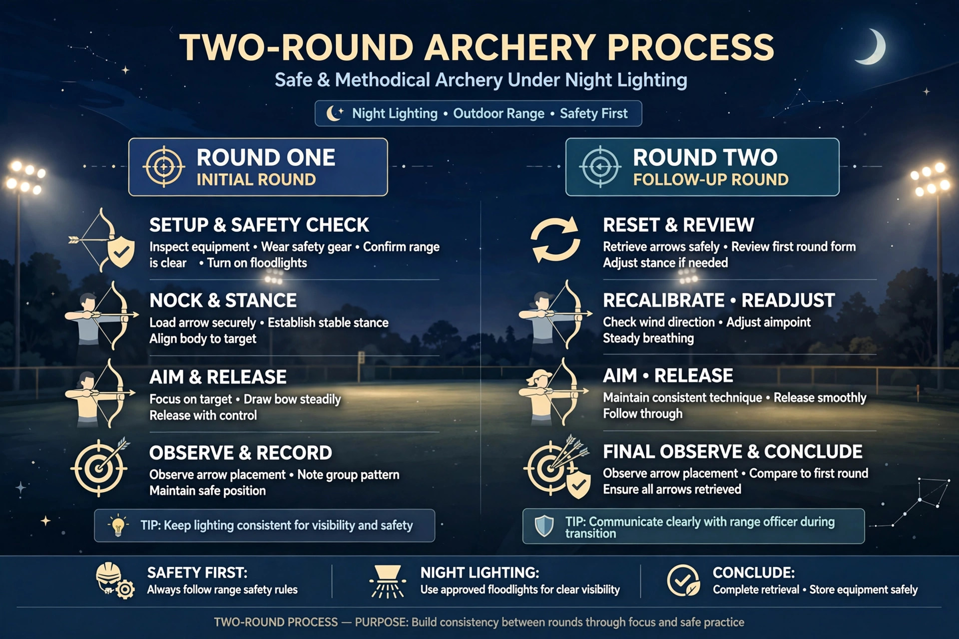 How night teer works showing archers shooting at a target at night