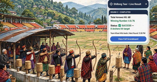 Polo Ground Shillong with archers and a phone showing a telegram result message