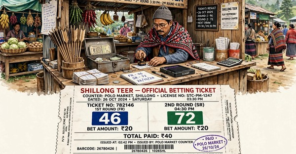 Shillong teer counter scene with ticket stake and prize words