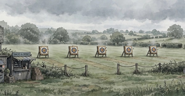 Polo Ground Shillong archery ground with teer counters nearby on a cloudy day