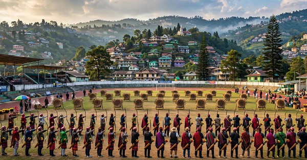 Polo Ground Shillong with archers lined up for the afternoon teer session