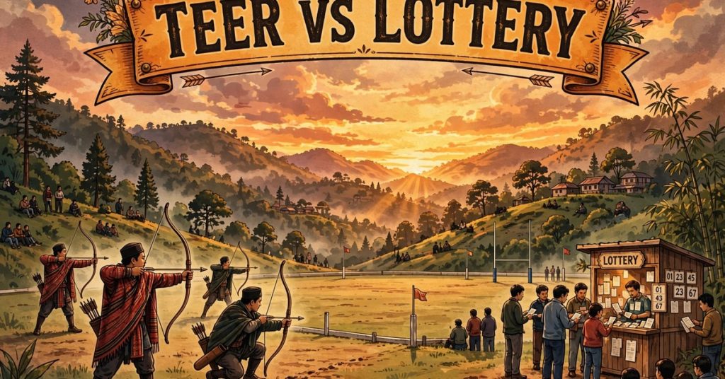 Teer vs lottery title card featuring Shillong Polo Ground archery