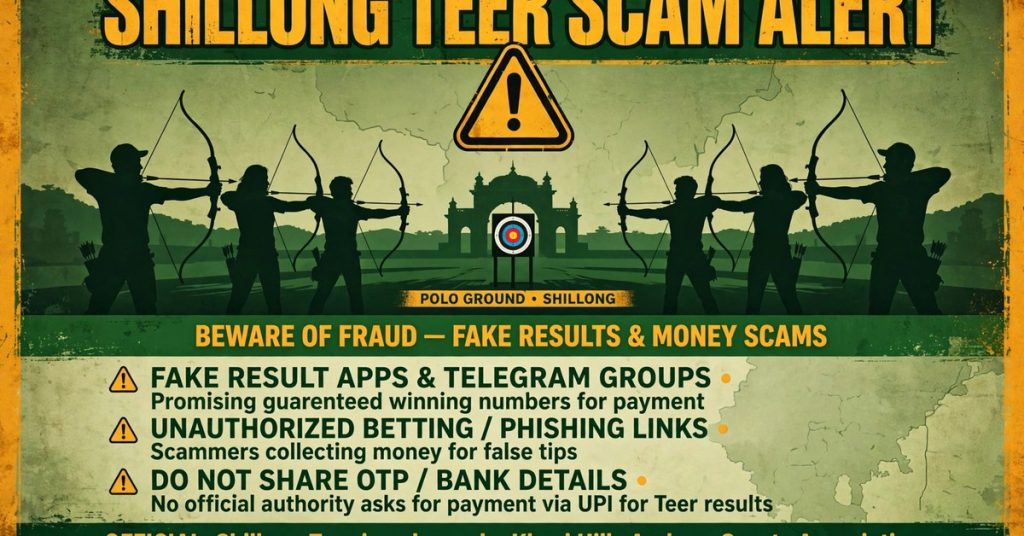 Shillong teer WhatsApp group scam warning title card from Shillong Teer Result