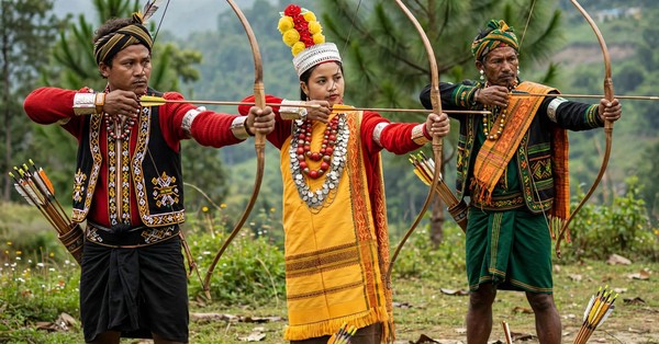 Khasi archers in traditional dress shooting during the round behind the teer number format